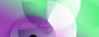 Soyut arkaplan özellikleri üst üste binen şeffaf çemberler. Renkler mor, yeşil, beyaz karışımı modern tasarım yaratır. Metin arkaplan tasarımı okur.