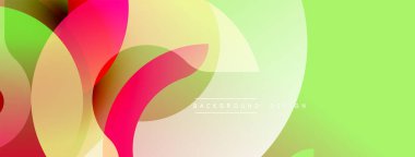 Soyut renkli şekiller örtüşür, dinamik bileşim yaratır. Parlak gradyanlar modern tasarımı, pürüzsüz geçişleri akla getiriyor. Arkaplanda açık yeşil renk var.