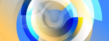 Soyut tasarım katmanlı daireler, canlı renkler içerir. Mavi, sarı, bej dinamik görsel efekt yaratır. Modern, temiz estetik.