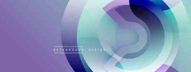 Soyut çemberler çakışıyor, yumuşak eğimler yaratıyor. Mor, deniz mavisi renkleri dizaynda baskın. Modern estetik, basit arkaplan deseni.