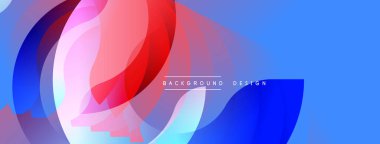 Soyut tasarım özellikleri üst üste binen daireler, canlı renkler. Mavi arka planda baskın, kırmızı, pembe aksanlar mevcut. Modern estetik.