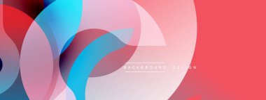 Soyut renkli örtüşen şekiller dinamik arkaplan oluşturur. Pembe, mavi, kırmızı renkler kusursuz bir şekilde harmanlanmış, modern tasarım elementi..