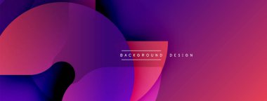 Soyut mor tasarım, üst üste binen şekiller. Gradyan renkler dinamik görsel efekt yaratır. Metin arkaplan tasarımı okur.