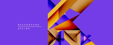 Soyut geometrik bileşim. Canlı sarı, turuncu, kırmızı şekiller mor arkaplanla örtüşüyor. Modern tasarım elementleri dinamik görsel deneyimler yaratır. Minimalist stil.