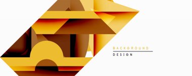 Soyut geometrik bileşim. Üst üste binen katmanlar dinamik görsel efekt yaratır. Sıcak renk paleti baskın gelir, altın tonlarında, kahverengi, turuncu. Modern tasarım ögesi.