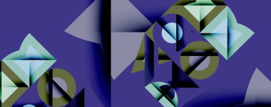 Soyut geometrik bileşim. Şekiller örtüşüyor, dinamik görsel ilgi yaratıyor. Renkler arasında maviler, yeşiller, griler ve mor arkaplanda siyah aksanlar var. Modern tasarım.