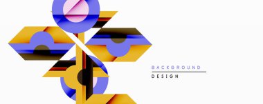 Soyut geometrik bileşim. Üst üste binen şekiller dinamik görsel efekt yaratır. Sarı, mavi, pembe renkler tasarımda baskın. Modern tarz, temiz çizgiler, minimalist estetik..