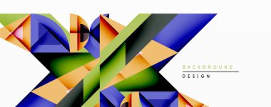 Soyut geometrik tasarım canlı üçgenler ve üst üste binen şekiller içerir. Renkler arasında mavi, turuncu, yeşil, dinamik görsel doku oluşturan. Modern tarz, temiz hatlar.