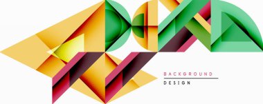 Soyut geometrik şekiller örtüşür, canlı katmanlı tasarım yaratır. Renkler sarı, yeşil, kırmızı, kahverengi. Arka planlar ve pankartlar için modern estetik.