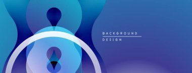 Soyut mavi şekiller üst üste binerek dinamik bileşim oluşturuyor. Gradyan etkisi derinlik ve modern hissi arttırır. Minimalist tasarım.