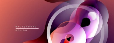 Soyut tasarım özellikleri üst üste binen şeffaf daireler. Mor, pembe, kırmızı renklerin karışımı dinamik görsel efekt yaratır. Modern arkaplan.