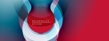Soyut geometrik tasarım. Eşmerkezli daireler, canlı renkler, modern estetik. Kırmızı sol tarafa hükmediyor, mavi sağa karışıyor..