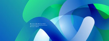 Soyut sıvı şekilleri, canlı maviler, yeşiller. Üst üste binen katmanlar dinamik görsel efekt yaratır. Modern tasarım ögesi.