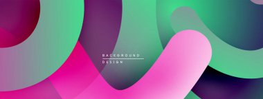 Soyut sıvı şekilleri kesişir. Canlı pembeler, morlar, yeşiller dinamik kompozisyon oluşturur. Arka planlar için modern tasarım ögesi.
