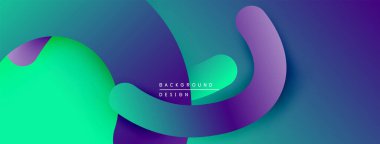 Soyut sıvı şekilleri örtüşür, canlı gradyanlar yaratır. Modern tasarım düz eğriler, serin tonlar, dinamik kompozisyon içerir.