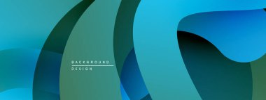 Soyut sıvı şekilleri üst üste binerek dinamik mavi, yeşil gradyanlar oluşturur. Modern tasarım hareketi çağrıştırıyor, derinliği. Minimalist estetik.