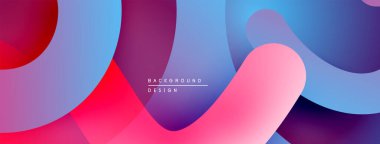 Soyut sıvı şekilleri örtüşür, canlı gradyanlar yaratır. Pembe, mor, mavi renkler kompozisyona hakim. Modern tasarım ögesi.