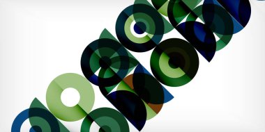 Üst üste binen daireler ve çizgiler içeren soyut bir kompozisyon. Koyu yeşiller, maviler dizaynın hakimi. Minimalist estetik, modern his.