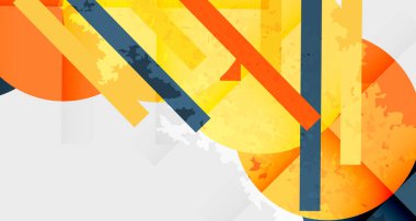 Soyut geometrik bileşim. Üst üste binen şekiller, canlı renkler, dinamik çizgiler modern görsel doku yaratır. Sarı, turuncu, donanma egemen.