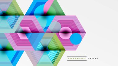 Soyut geometrik desen. Canlı hatlar, altıgenler, daireler modern tasarım yaratır. Parlak renkler, dinamik bileşim.
