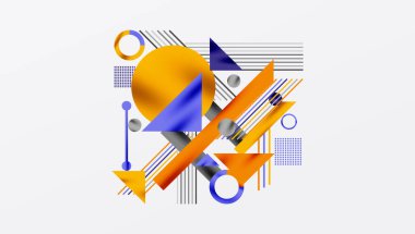 Soyut geometrik bileşim. Turuncu, mavi şekiller kesişen çizgiler, daireler dinamik görsel efektler yaratır. Modern tasarım elemanları.