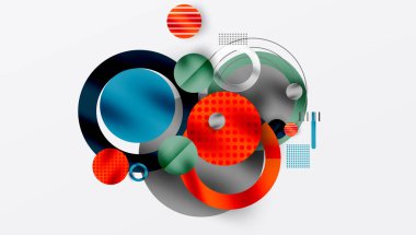 Soyut geometrik bileşim. Çemberler, çizgiler, dokular modern görsel tasarım yaratır. Kırmızı, mavi, yeşil baskın palet. Minimalist estetik.