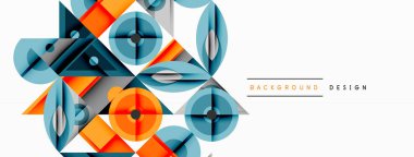 Soyut geometrik şekiller, canlı renkler, modern tasarım. Üst üste binen elementler dinamik görsel efekt yaratır. Temiz, minimalist estetik.