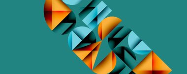 Soyut geometrik şekiller kelime riski oluşturur. Teal arkaplanı karşıtlık sağlar. Turuncu, mavi renkler kompozisyona hakim. Modern tasarım.