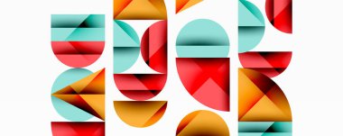 Soyut geometrik şekiller örtüşür, renkli kompozisyon oluşturur. Minimalist tasarım sıcak ve serin tonlara sahiptir. Temiz çizgiler biçimleri tanımlar.