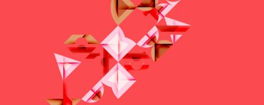 Soyut geometrik şekiller, pembe renkler, kırmızı arkaplan. Minimalist tasarım, modern estetik, dijital çizim. Temiz çizgiler, keskin açılar, görsel doku.