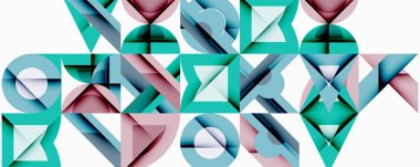 Soyut geometrik şekiller örtüşür, karmaşık desenler yaratır. Teal, pembe, gri tonlar kompozisyona hakim. Minimalist tasarım.