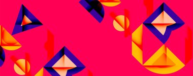 Soyut geometrik şekiller canlı pembe arka planla örtüşür. Turuncu, mor renkler dinamik kompozisyon yaratır. Modern tasarım elemanları.