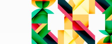 Soyut geometrik şekiller örtüşür, canlı renkli desenler yaratır. Yeşil, sarı, kırmızı renkler kompozisyona hakim. Modern tasarım.