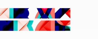 Soyut geometrik şekiller, canlı renkler, üst üste binen formlar dinamik bileşim oluşturur. Minimalist tasarım, modern estetik.