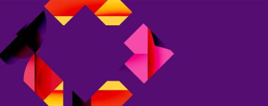 Soyut geometrik şekiller mor arkaplana hakim. Canlı renkler harmanlanır, dinamik görsel etki yaratır. Modern tasarım elemanları.