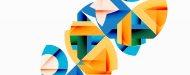 Soyut geometrik şekiller örtüşür ve canlı bir bileşim yaratır. Turuncu, mavi, yeşil renkler tasarımda baskın. Modern estetik.