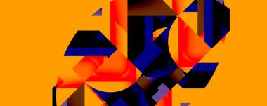 Soyut geometrik şekiller kompozisyona hükmediyor. Turuncu, lacivert, kırmızı renkler dinamik görsel kontrastlar yaratır. Modern tasarım, cesur biçimler.