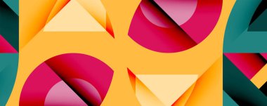 Soyut geometrik bileşim. Üst üste binen şekiller, dinamik görsel ilgi yaratır. Sıcak renkler baskın gelir, soğuk tonlarla zıtlaşır. Minimalist tasarım.