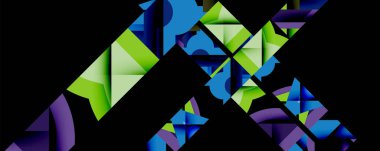 Soyut geometrik tasarım. Canlı maviler, yeşiller, morlar açısal şekiller oluşturur. Modern estetik, dinamik bileşim, çarpıcı görsel etki.