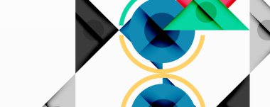 Soyut geometrik şekiller çakışıyor. Mavi, yeşil, gri tonlar kompozisyona hakim. Eğri çizgileri ve üçgenleri olan minimalist tasarım..