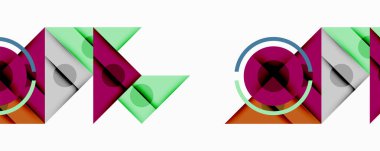 Geometrik şekiller çakışıyor, soyut desenler oluşturuyor. Renkler arasında mor, yeşil, turuncu, gri yer alıyor. Minimalist tasarım, modern estetik.