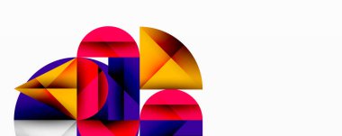 Soyut geometrik şekiller örtüşür, canlı renkli kompozisyon oluşturur. Modern tasarım kalın eğriler, açılar, gradyanlar içerir.