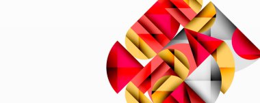 Soyut geometrik bileşim. Kırmızı, altın, gri şekiller üst üste biniyor, dinamik görsel ilgi yaratıyor. Temiz beyaz arkaplan karşıtlık sağlar.