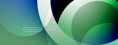 Soyut gradyanlar harmanlanarak üst üste binen çemberler oluşturur. Mavi, yeşil renkler tasarıma hakim. Metin arka plan tasarımı okur. Minimalist estetik.