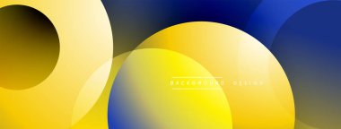 Soyut geometrik tasarım. Üst üste binen daireler, sarı, mavi gradyanlar modern zemin oluşturur. Minimalist tarz, mevcut temiz çizgiler.