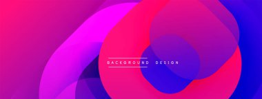 Soyut, enerjik tasarım, üst üste binen daireler. Renkler pembeden maviye karışır. Modern estetik, afişler veya arka planlar için uygun.