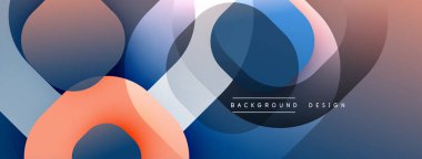 Soyut sıvı şekilleri üst üste binerek dinamik bileşim oluşturur. Renkler mavi, turuncu, mor, beyaz. Arka planlar için modern tasarım ögesi.