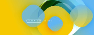 Soyut tasarım özellikleri üst üste binen daireler, gradyanlar. Sarı, mavi, yeşil renkler dinamik görsel efekt yaratır. Modern arkaplan dokusu.