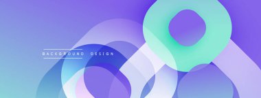 Soyut arkaplan özellikleri üst üste binen şeffaf çemberler. Kademeli mor, mavi, turkuaz renkler modern görsel efekt yaratır. Tasarım metni içerir.