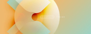 Soyut tasarım özellikleri üst üste binen daireler, gradyanlar. Yumuşak turuncu, sarı, turkuaz renkler modern estetik yaratıyor. Minimalist kompozisyon.